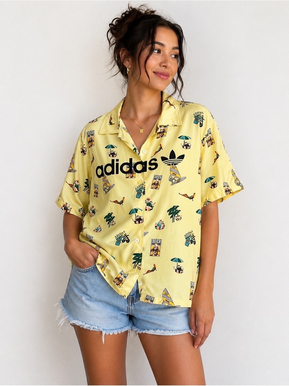 Adidas Originals Yellow Tropical Hawaiian Shirt Oversized Button Up Size M
